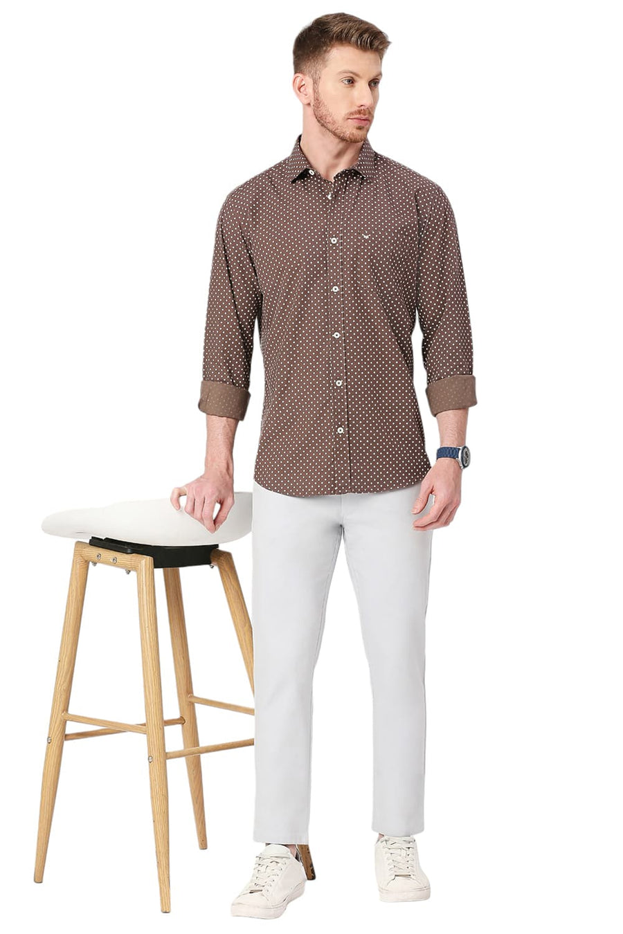 BASICS SLIM FIT BROWNIE BROWN COTTON POPLIN PRINTED SHIRT