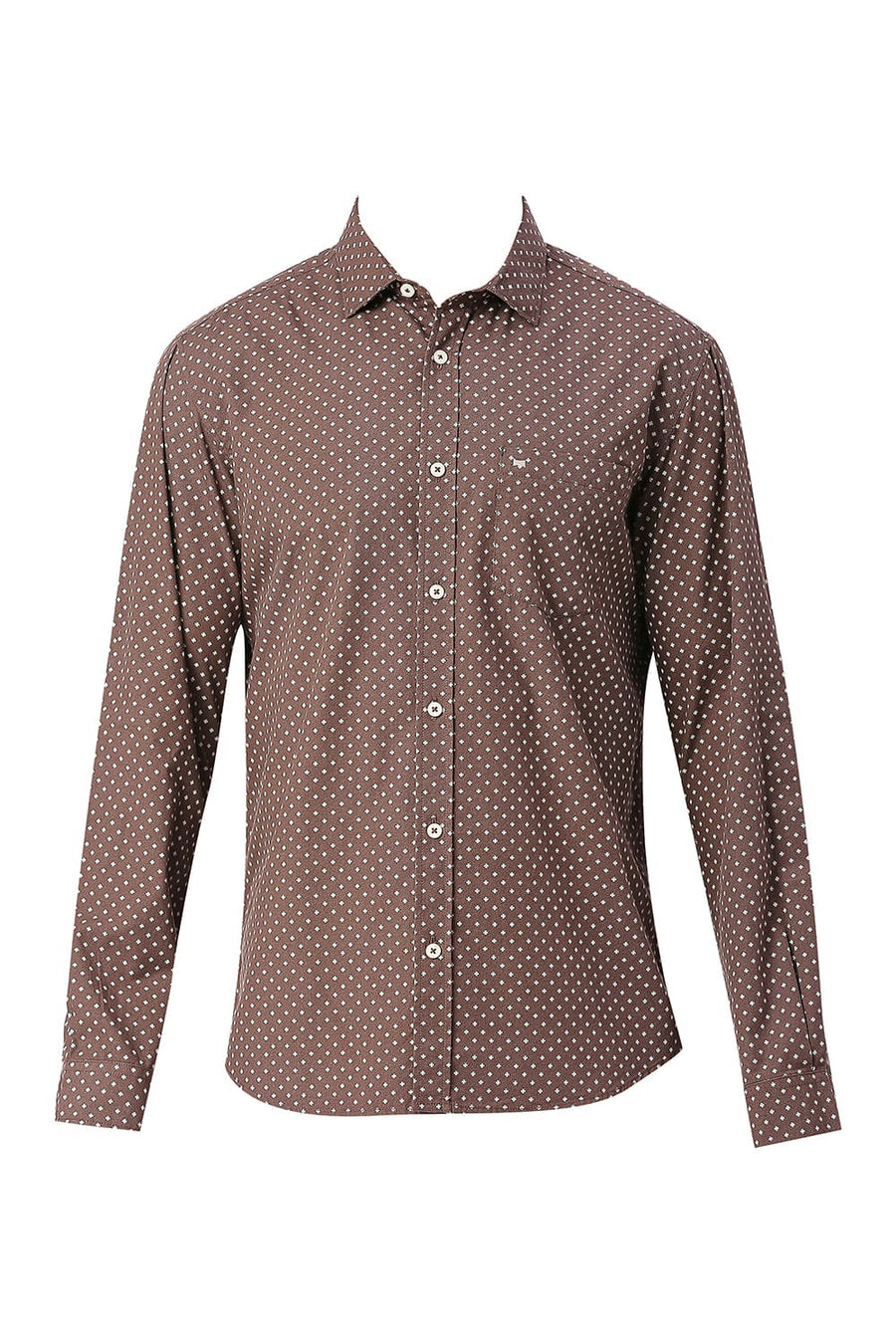 BASICS SLIM FIT BROWNIE BROWN COTTON POPLIN PRINTED SHIRT