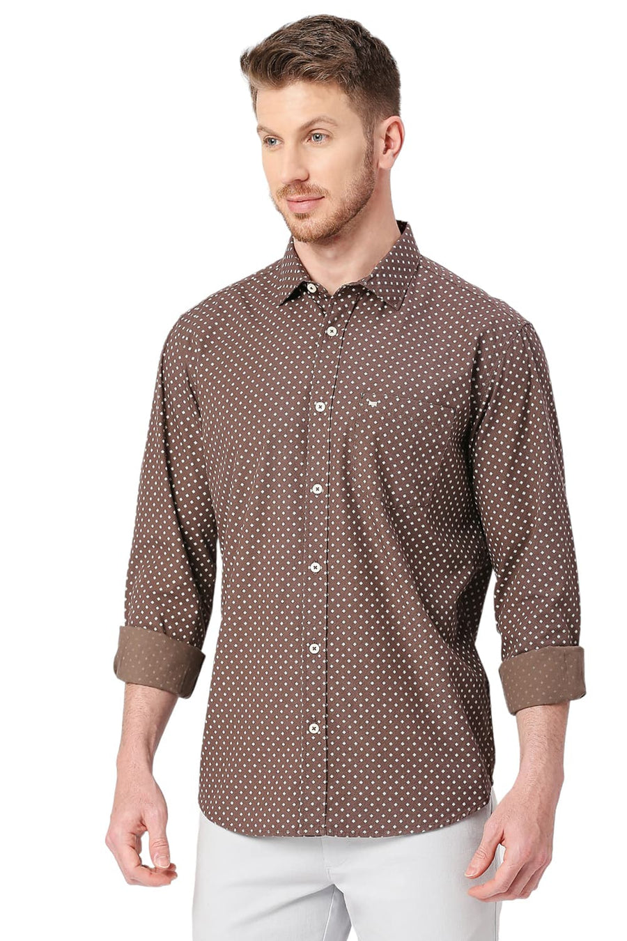 BASICS SLIM FIT BROWNIE BROWN COTTON POPLIN PRINTED SHIRT