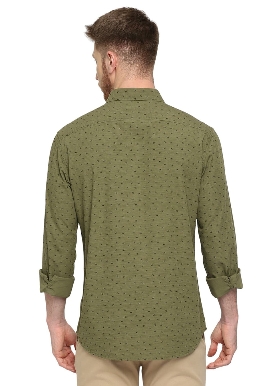 BASICS SLIM FIT MARTINI OLIVE COTTON POPLIN PRINTED SHIRT