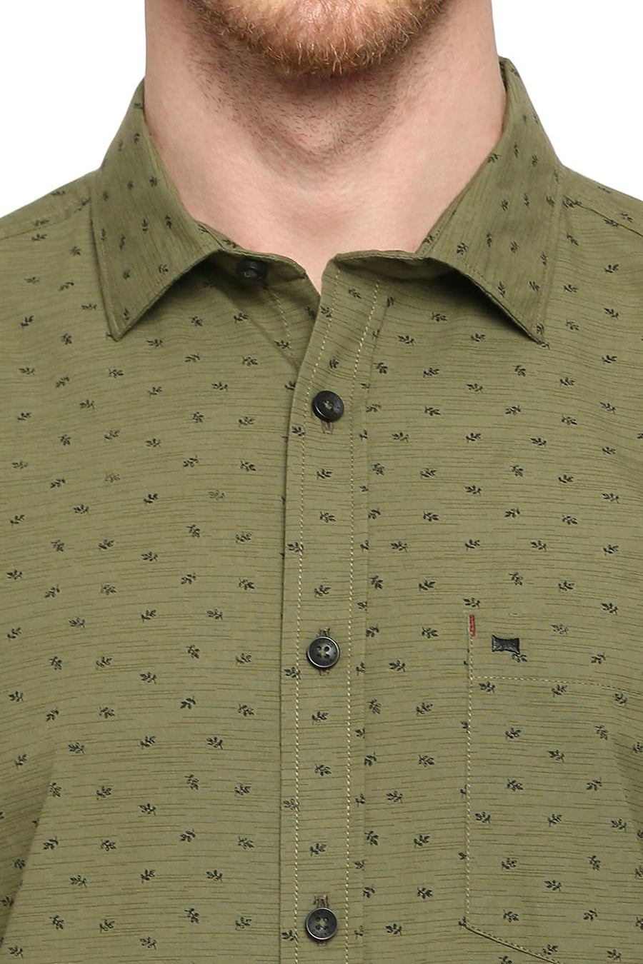 BASICS SLIM FIT MARTINI OLIVE COTTON POPLIN PRINTED SHIRT