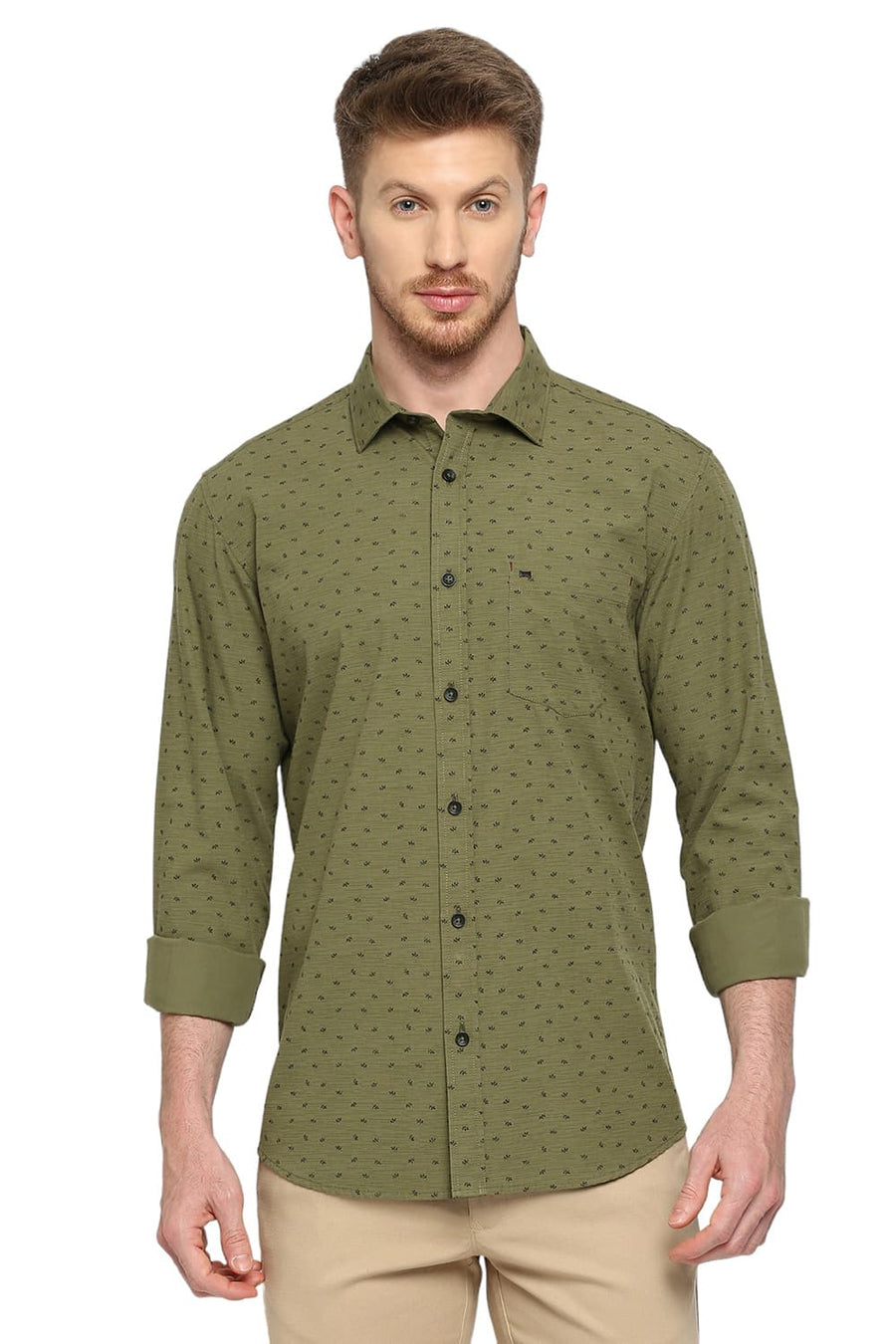 BASICS SLIM FIT MARTINI OLIVE COTTON POPLIN PRINTED SHIRT