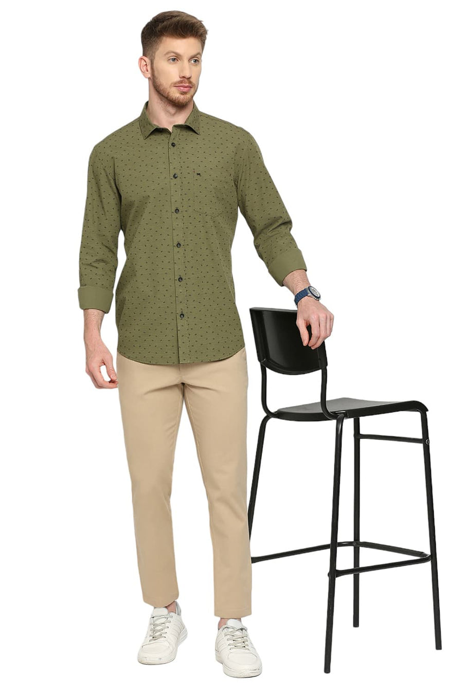 BASICS SLIM FIT MARTINI OLIVE COTTON POPLIN PRINTED SHIRT