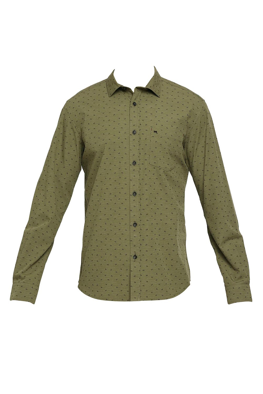BASICS SLIM FIT MARTINI OLIVE COTTON POPLIN PRINTED SHIRT
