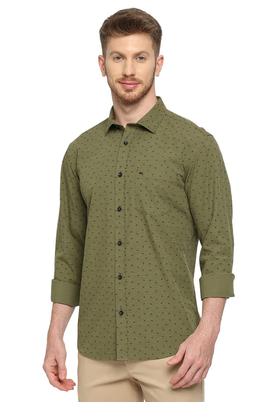 BASICS SLIM FIT MARTINI OLIVE COTTON POPLIN PRINTED SHIRT