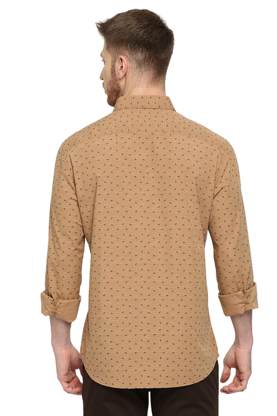 BASICS SLIM FIT CAMEL KHAKI COTTON POPLIN PRINTED SHIRT