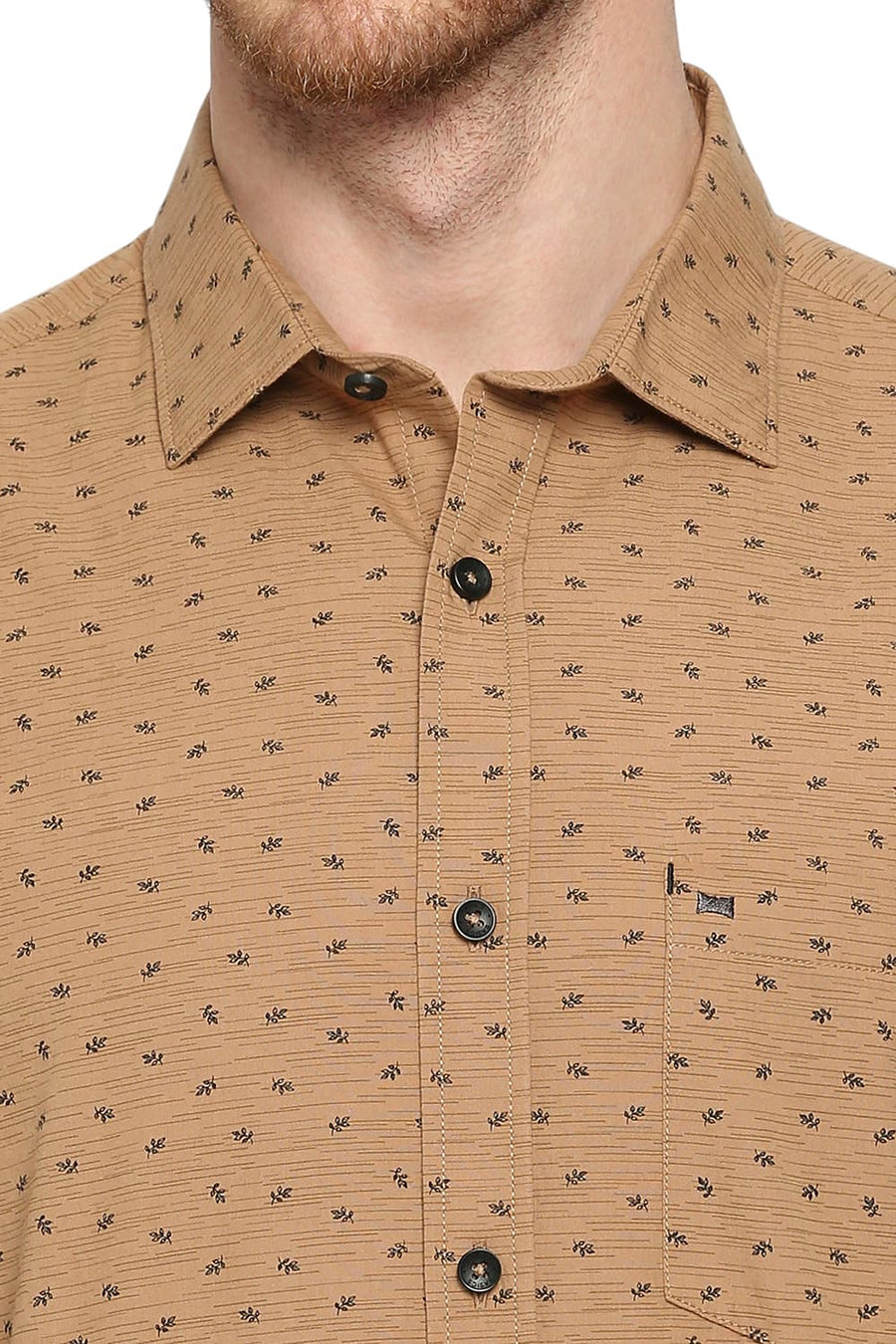 BASICS SLIM FIT CAMEL KHAKI COTTON POPLIN PRINTED SHIRT