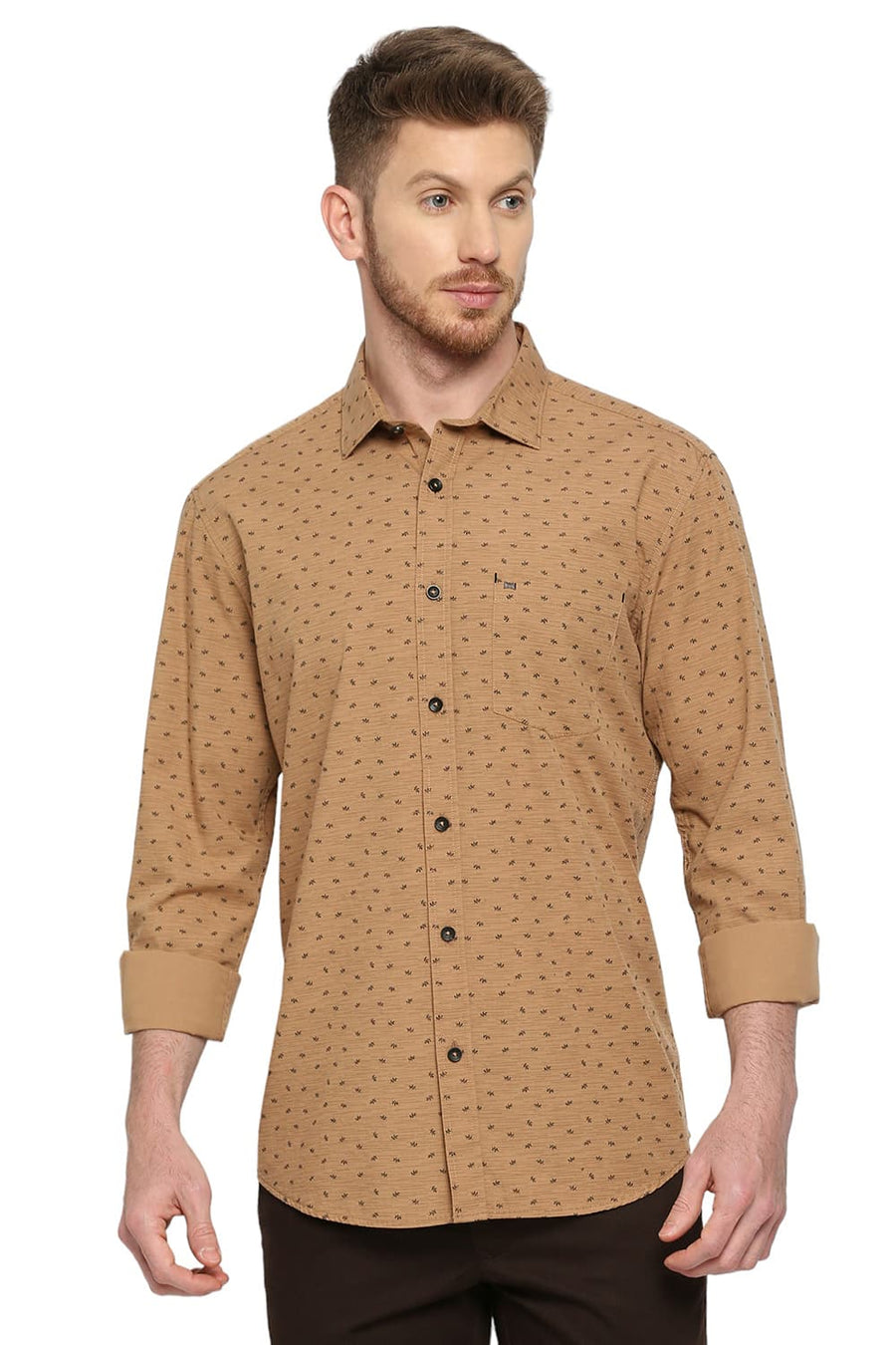 BASICS SLIM FIT CAMEL KHAKI COTTON POPLIN PRINTED SHIRT