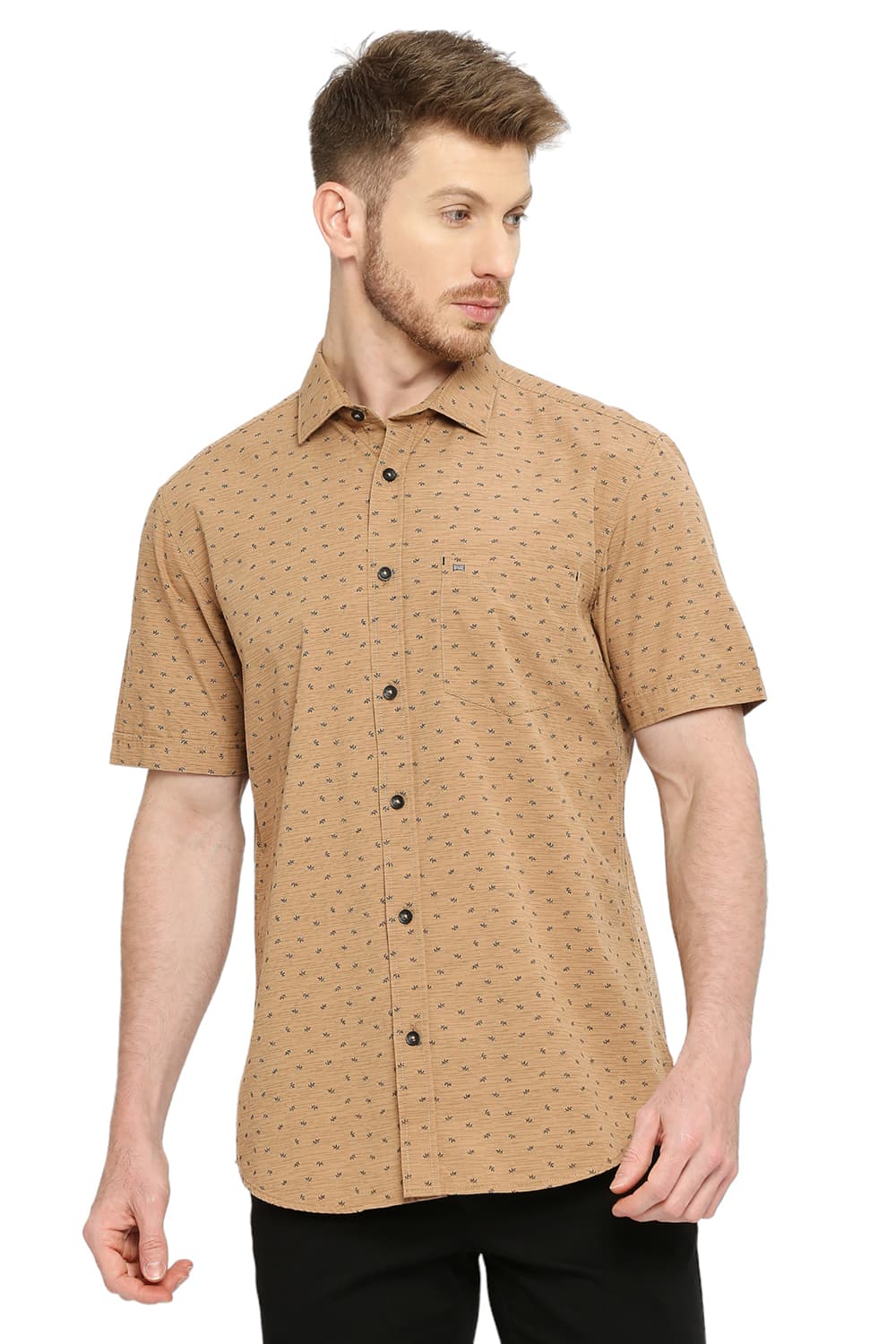 BASICS SLIM FIT COTTON POPLIN PRINTED HALFSLEEVES SHIRT