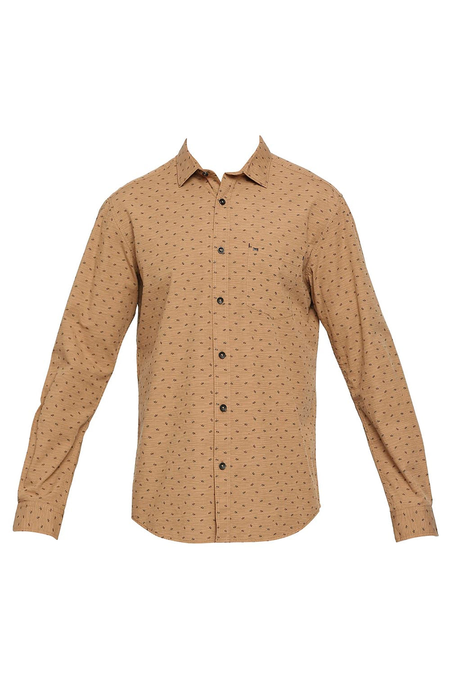 BASICS SLIM FIT CAMEL KHAKI COTTON POPLIN PRINTED SHIRT