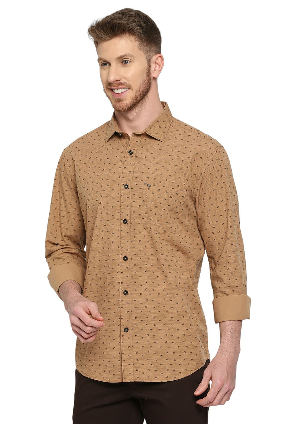 BASICS SLIM FIT CAMEL KHAKI COTTON POPLIN PRINTED SHIRT