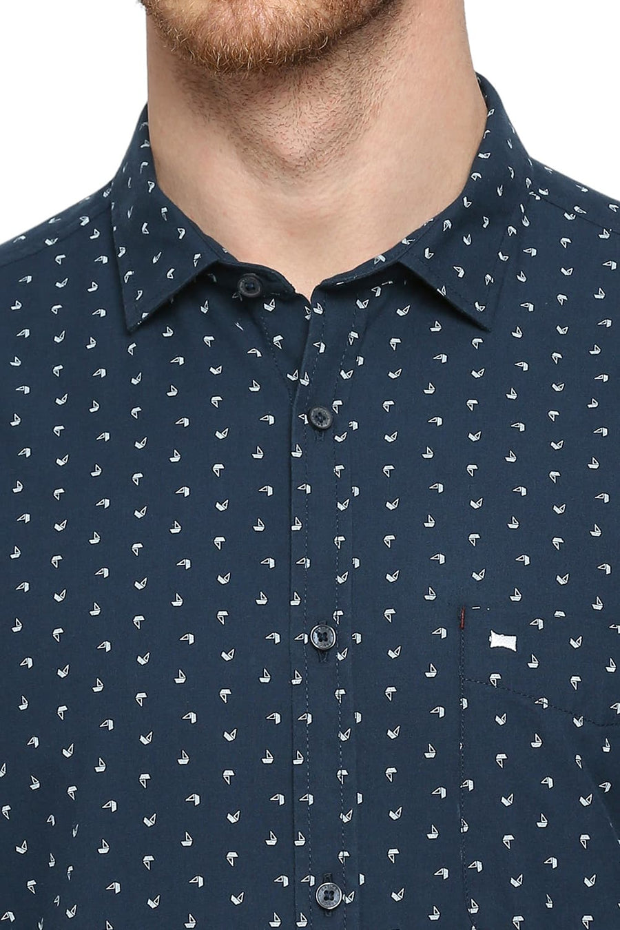 BASICS SLIM FIT CORSAIR NAVY COTTON TWILL PRINTED SHIRT