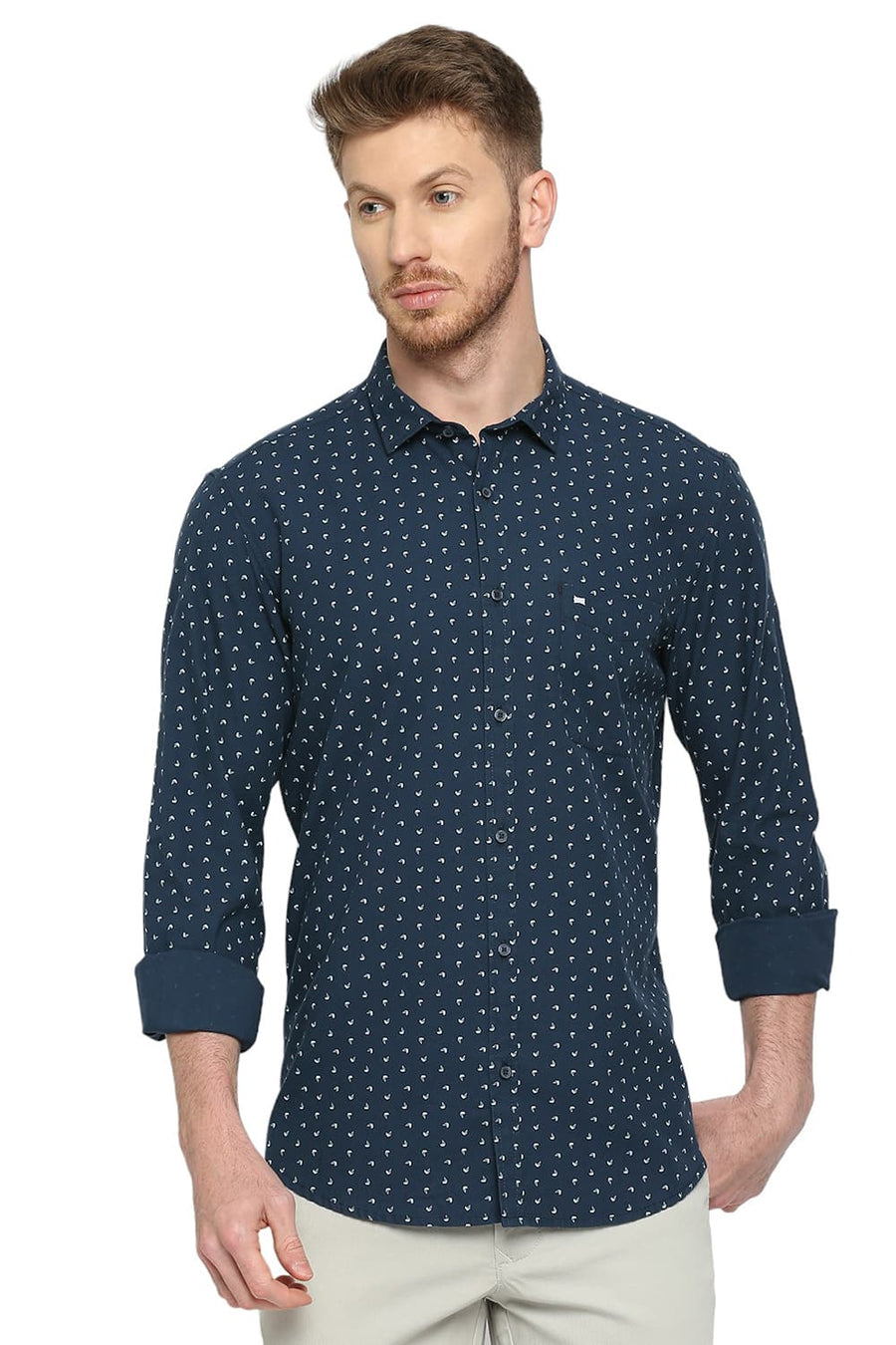 BASICS SLIM FIT CORSAIR NAVY COTTON TWILL PRINTED SHIRT