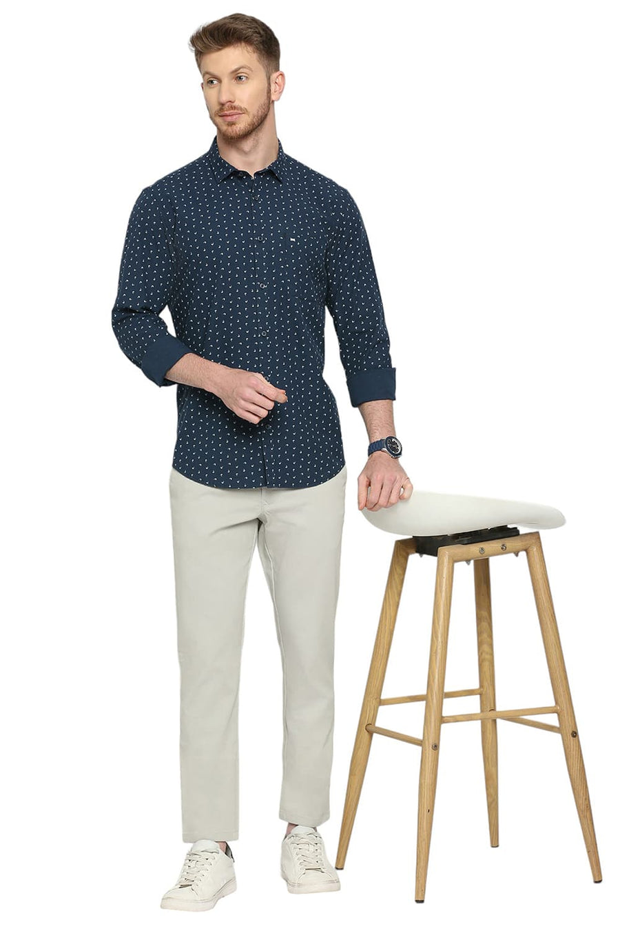 BASICS SLIM FIT CORSAIR NAVY COTTON TWILL PRINTED SHIRT