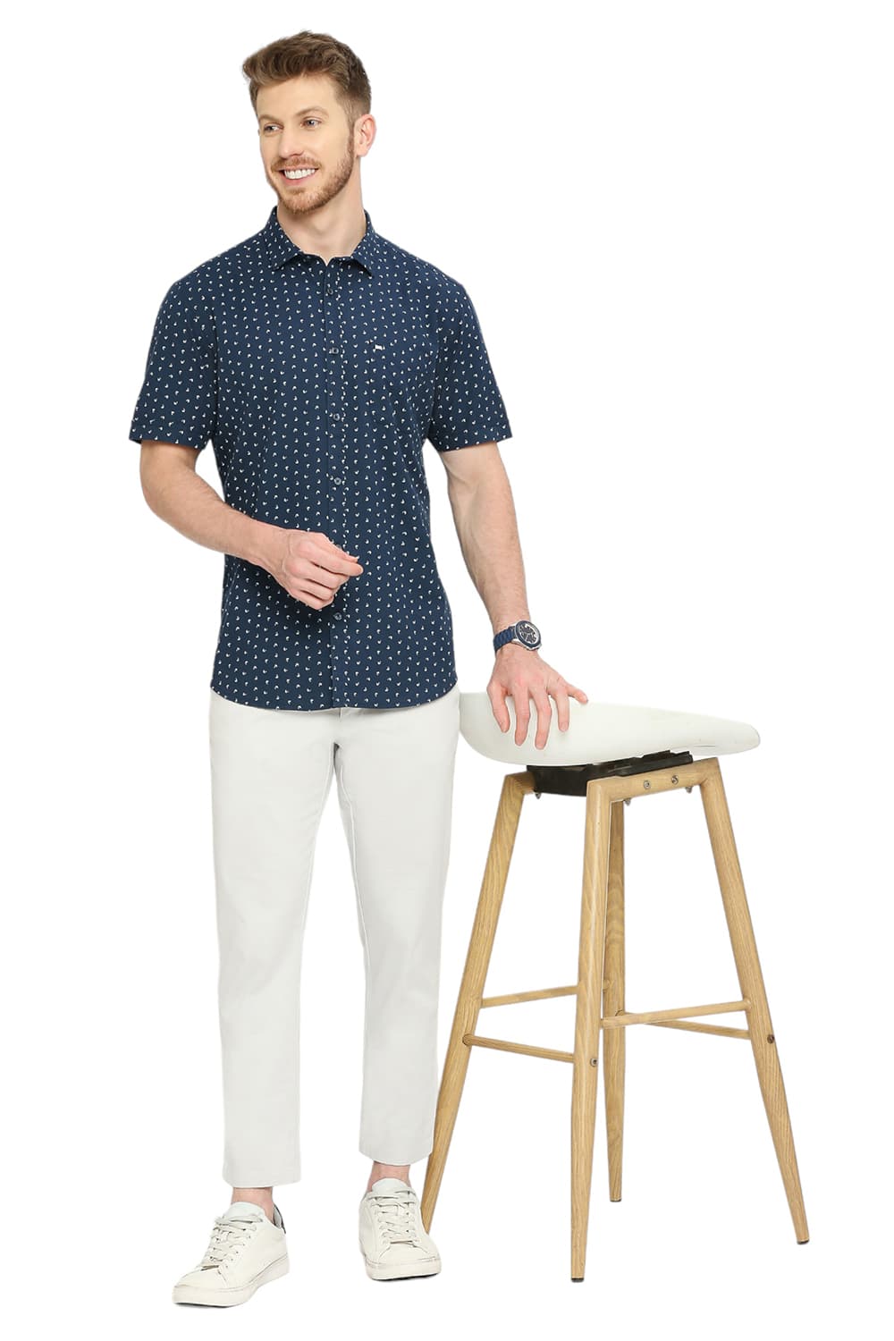 BASICS SLIM FIT COTTON TWILL PRINTED HALFSLEEVES SHIRT