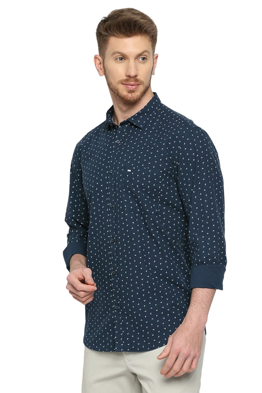BASICS SLIM FIT CORSAIR NAVY COTTON TWILL PRINTED SHIRT