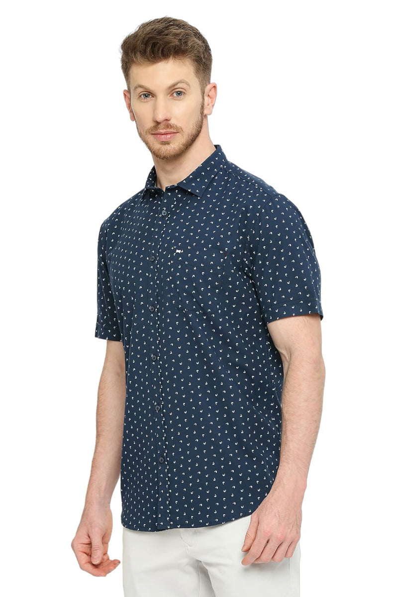 BASICS SLIM FIT COTTON TWILL PRINTED HALFSLEEVES SHIRT