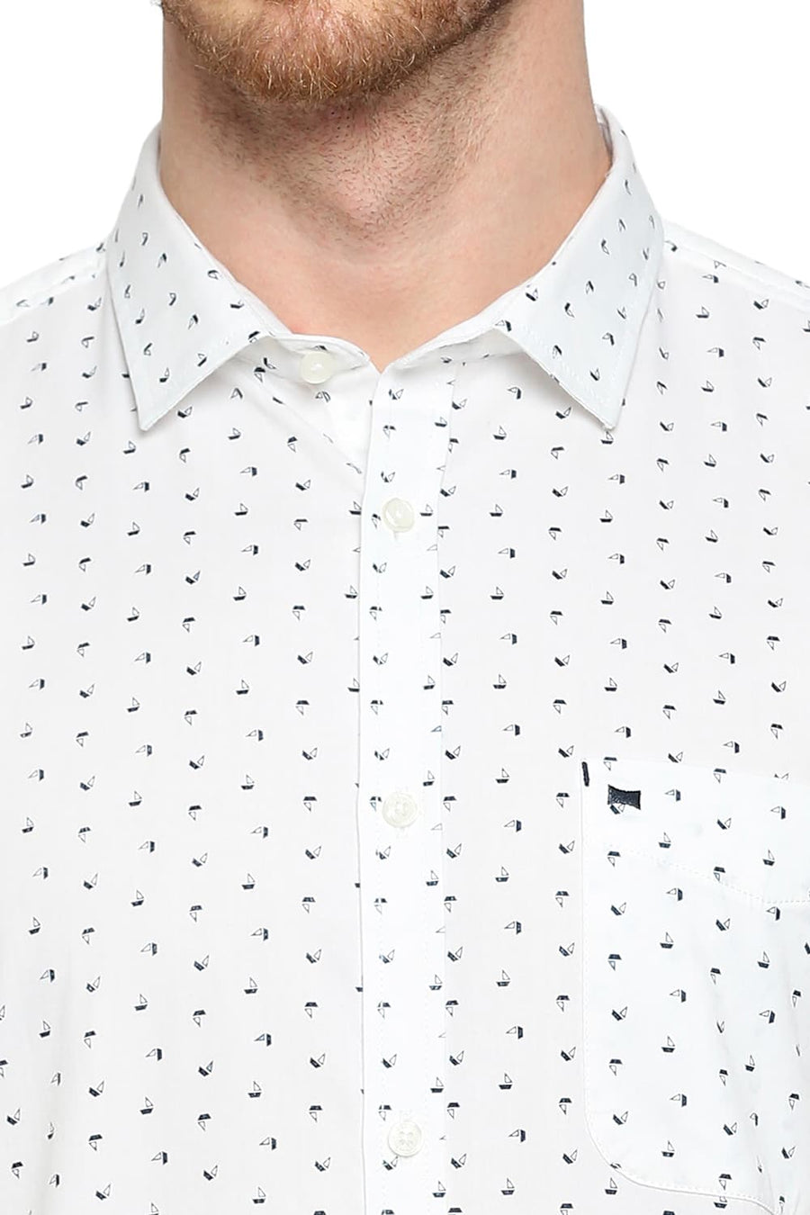 BASICS SLIM FIT CELESTIAL WHITE COTTON TWILL PRINTED SHIRT