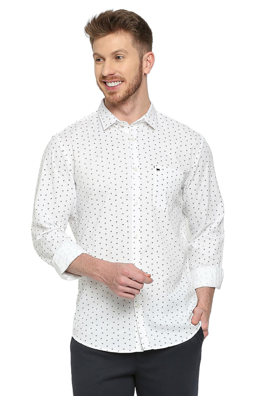 BASICS SLIM FIT CELESTIAL WHITE COTTON TWILL PRINTED SHIRT