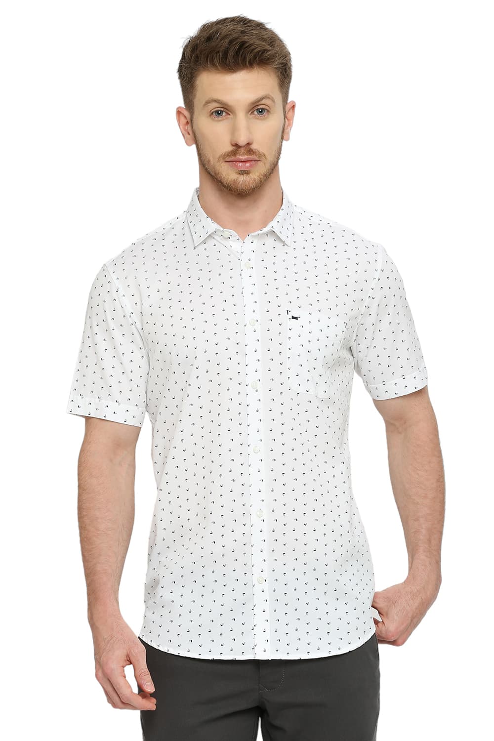 BASICS SLIM FIT COTTON TWILL PRINTED HALFSLEEVES SHIRT