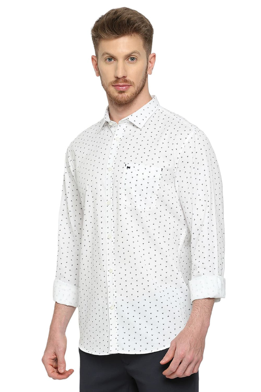 BASICS SLIM FIT CELESTIAL WHITE COTTON TWILL PRINTED SHIRT