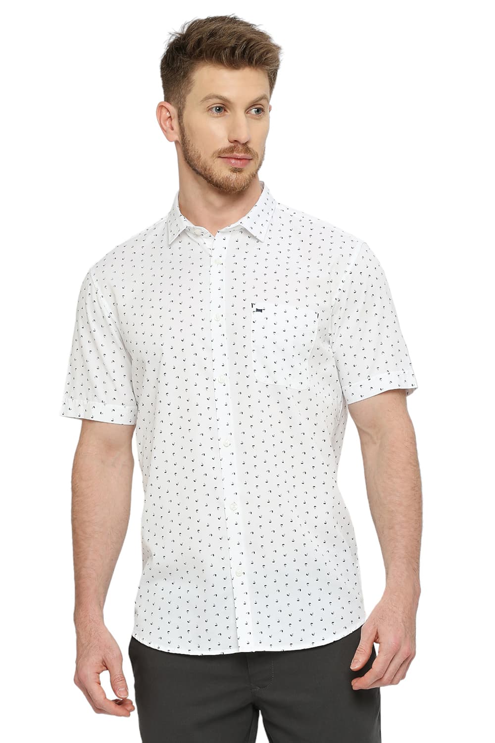 BASICS SLIM FIT COTTON TWILL PRINTED HALFSLEEVES SHIRT