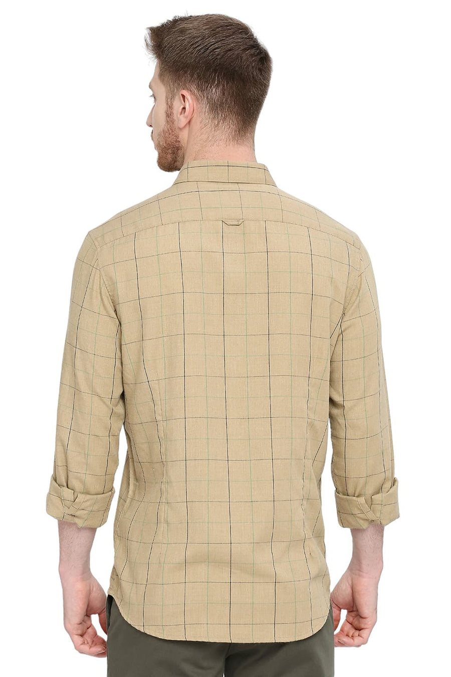 BASICS SLIM FIT ICED COFFEE BEIGE POLYESTER VISCOSE MELANGE CHECKS SHIRT