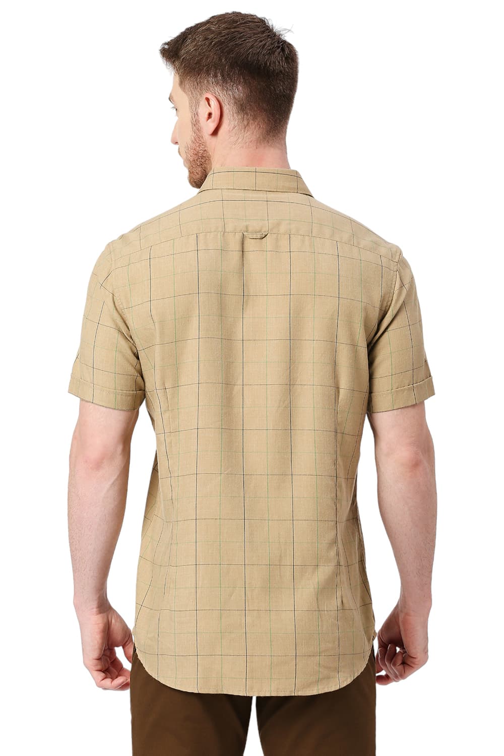 BASICS SLIM FIT POLYESTER VISCOSE MELANGE CHECKS HALFSLEEVES SHIRT