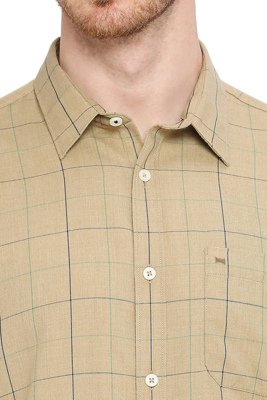 BASICS SLIM FIT ICED COFFEE BEIGE POLYESTER VISCOSE MELANGE CHECKS SHIRT