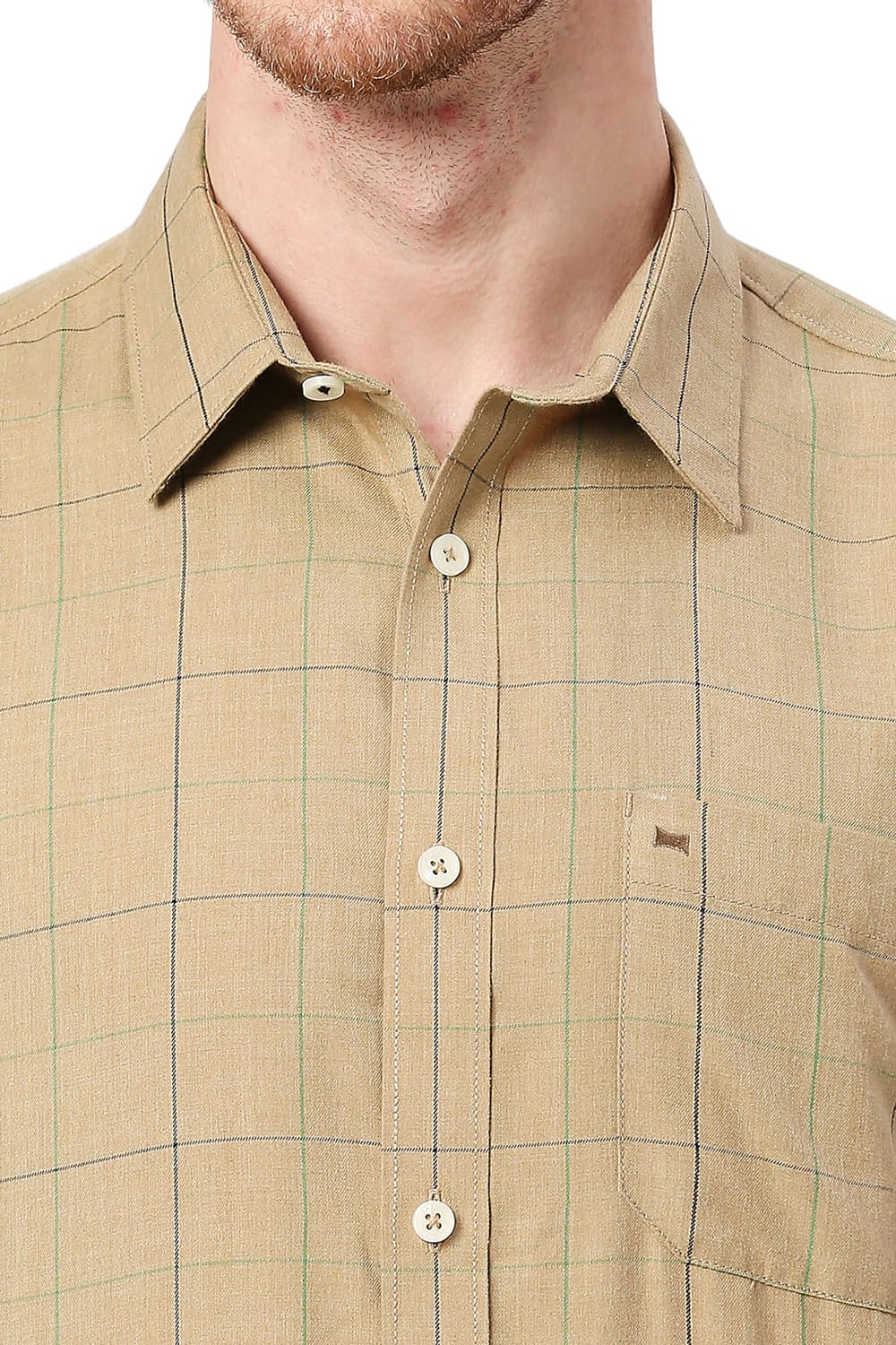 BASICS SLIM FIT POLYESTER VISCOSE MELANGE CHECKS HALFSLEEVES SHIRT