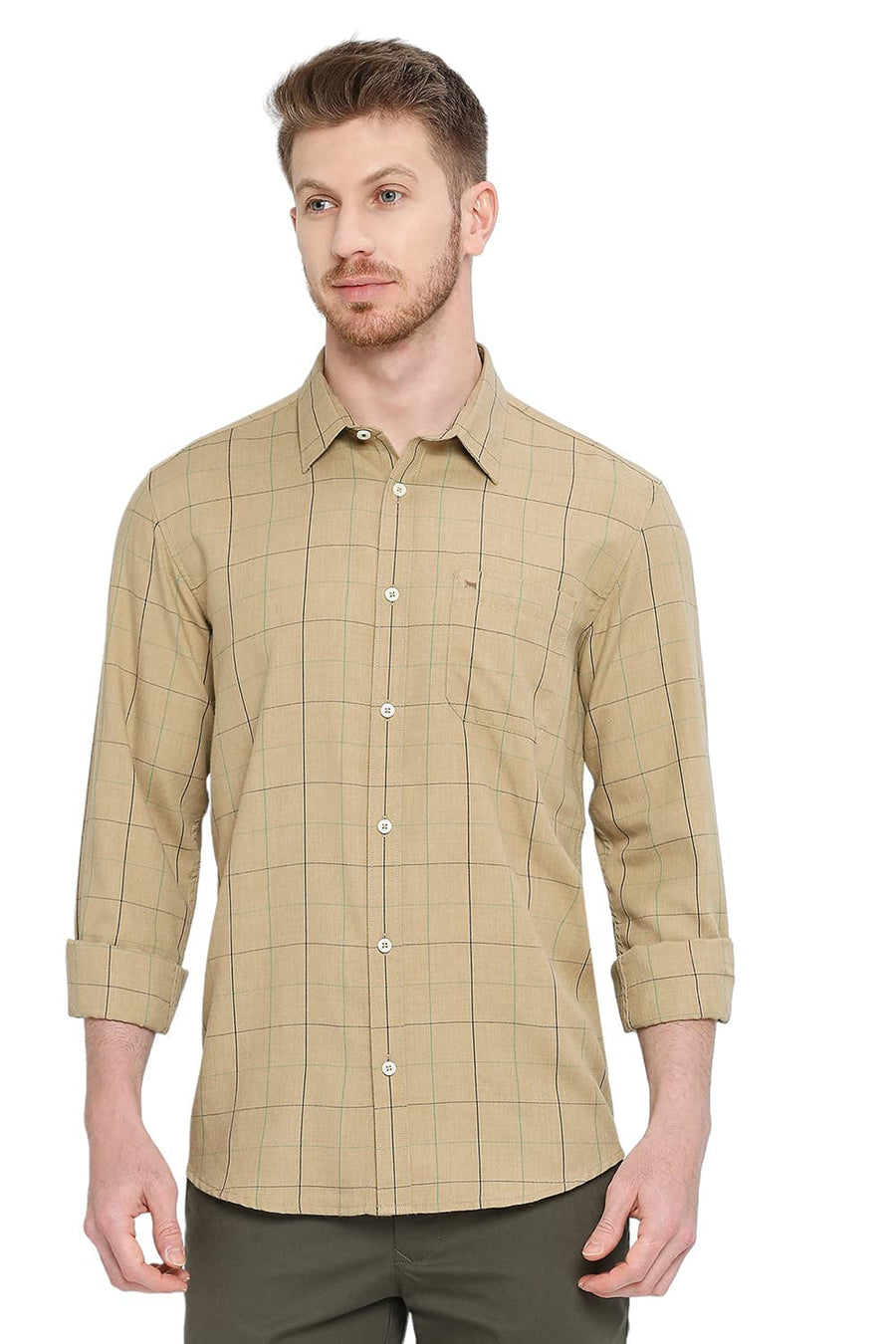BASICS SLIM FIT ICED COFFEE BEIGE POLYESTER VISCOSE MELANGE CHECKS SHIRT