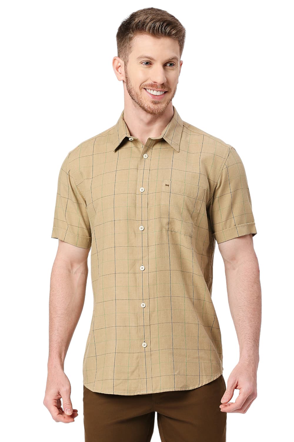BASICS SLIM FIT POLYESTER VISCOSE MELANGE CHECKS SHIRT