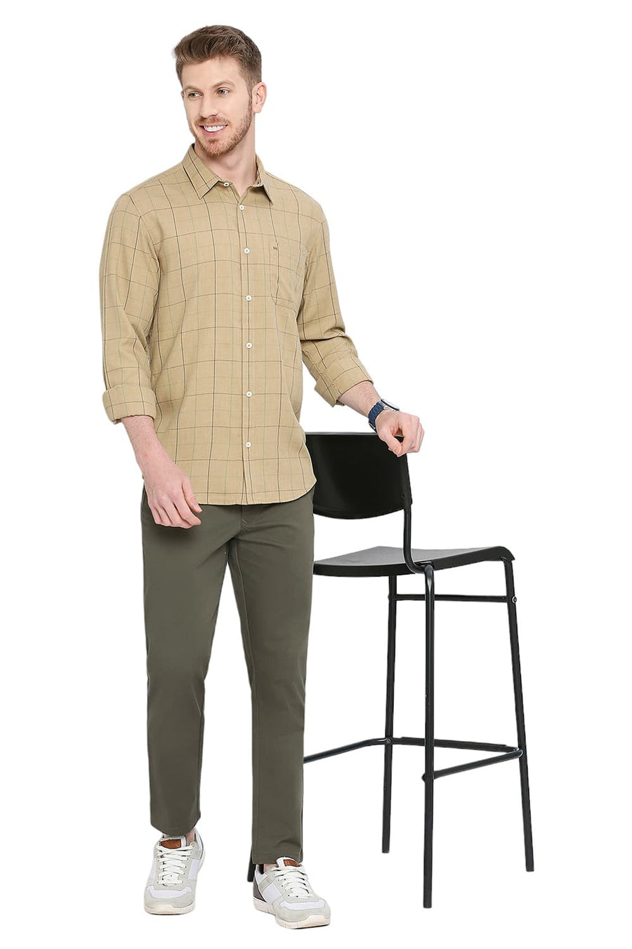 BASICS SLIM FIT ICED COFFEE BEIGE POLYESTER VISCOSE MELANGE CHECKS SHIRT