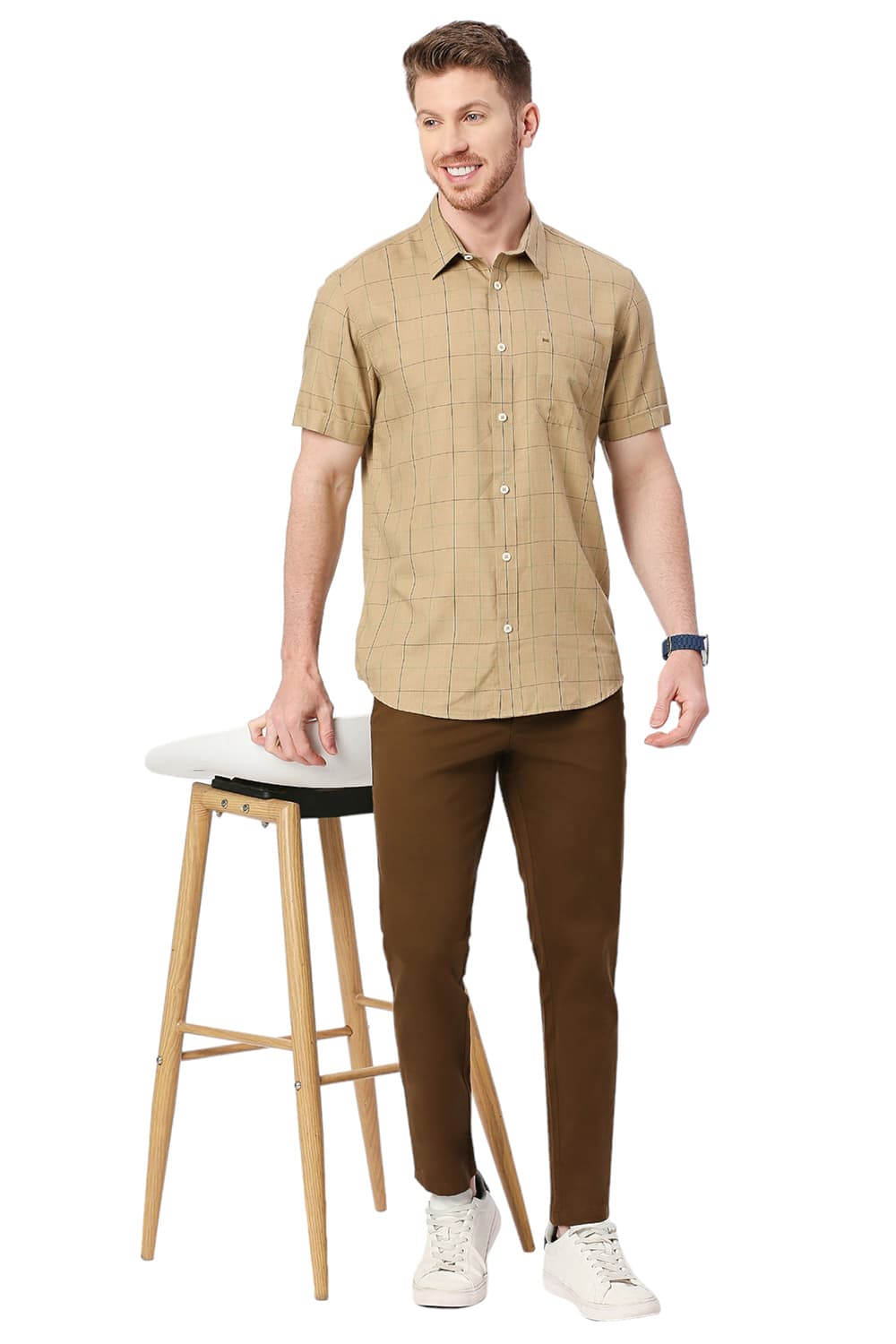 BASICS SLIM FIT POLYESTER VISCOSE MELANGE CHECKS HALFSLEEVES SHIRT