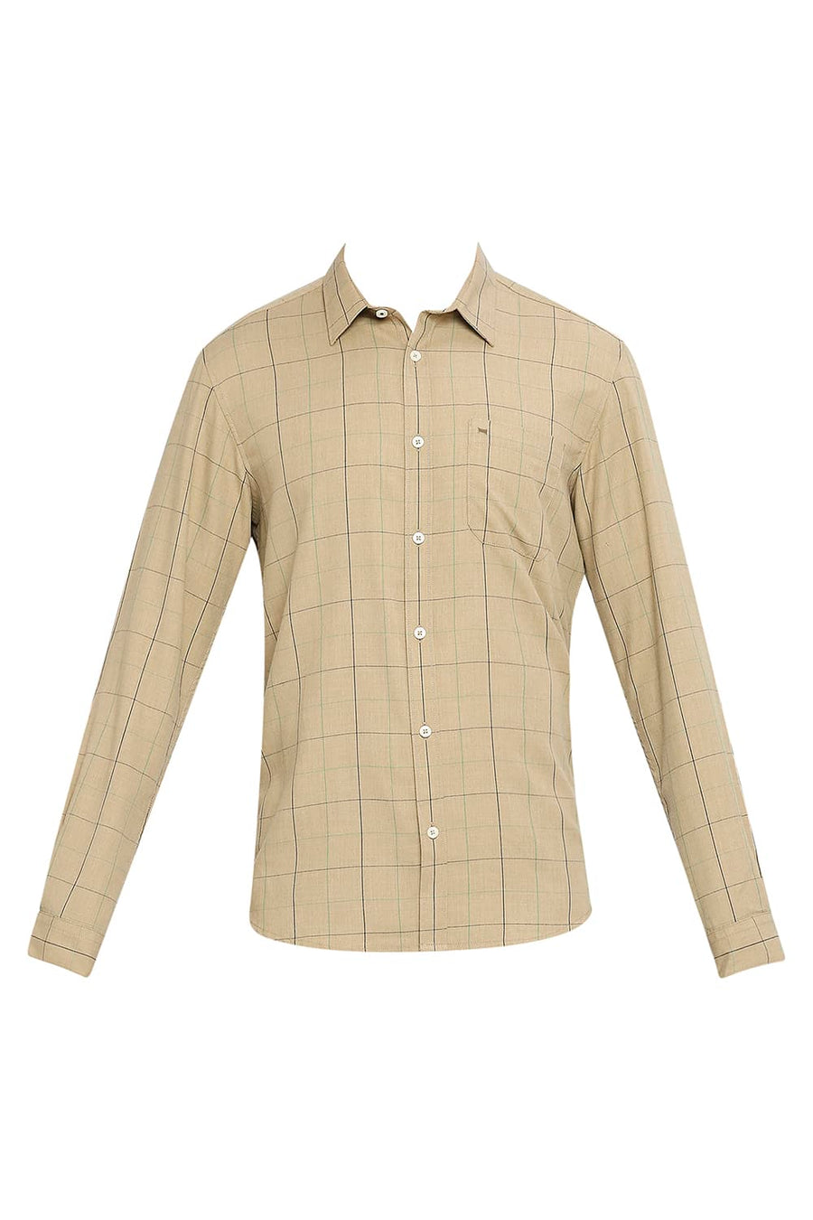 BASICS SLIM FIT ICED COFFEE BEIGE POLYESTER VISCOSE MELANGE CHECKS SHIRT