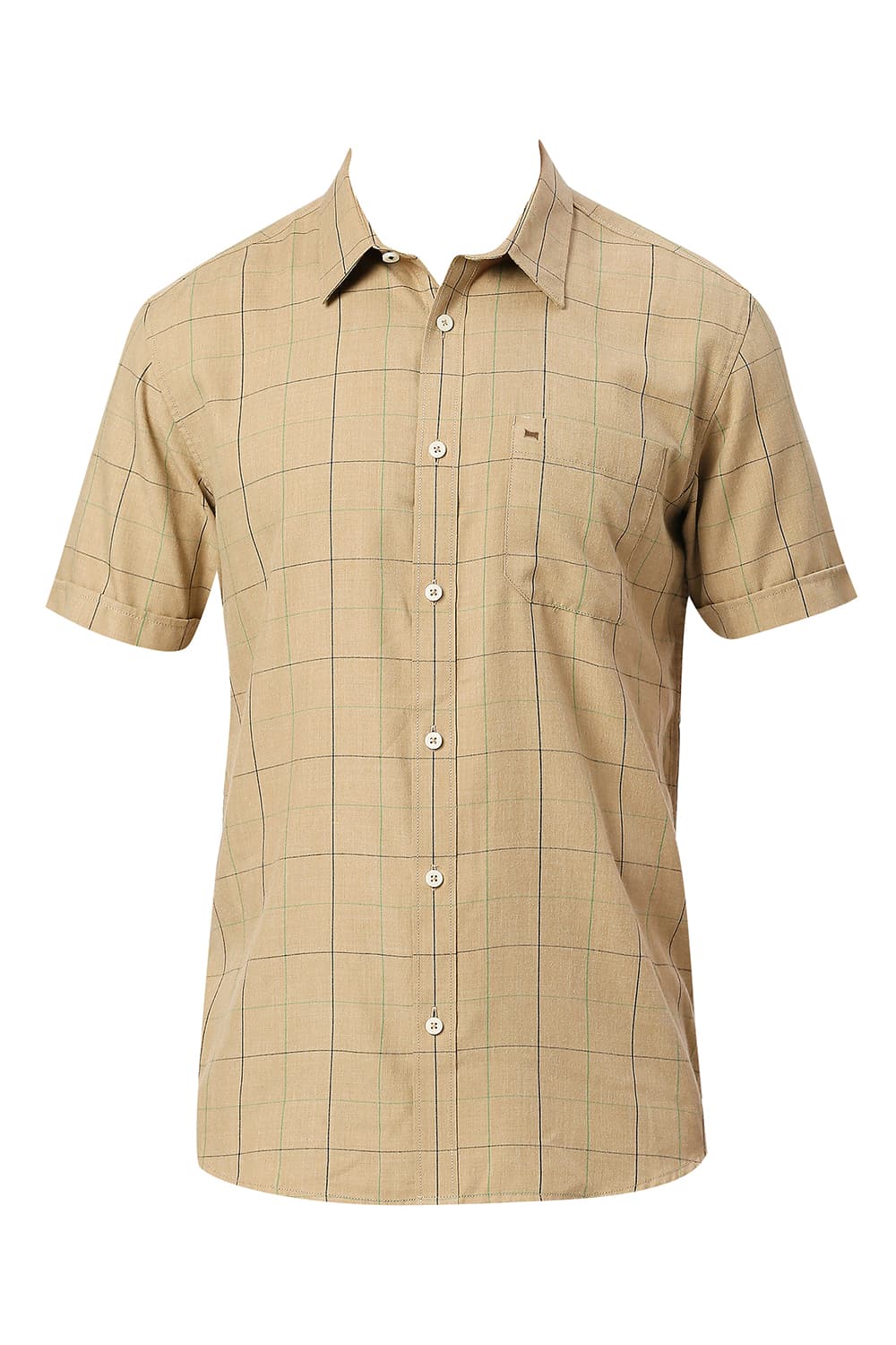 BASICS SLIM FIT POLYESTER VISCOSE MELANGE CHECKS HALFSLEEVES SHIRT