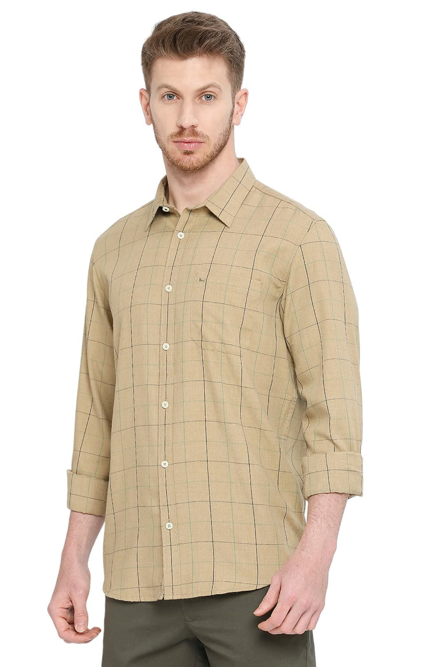 BASICS SLIM FIT ICED COFFEE BEIGE POLYESTER VISCOSE MELANGE CHECKS SHIRT