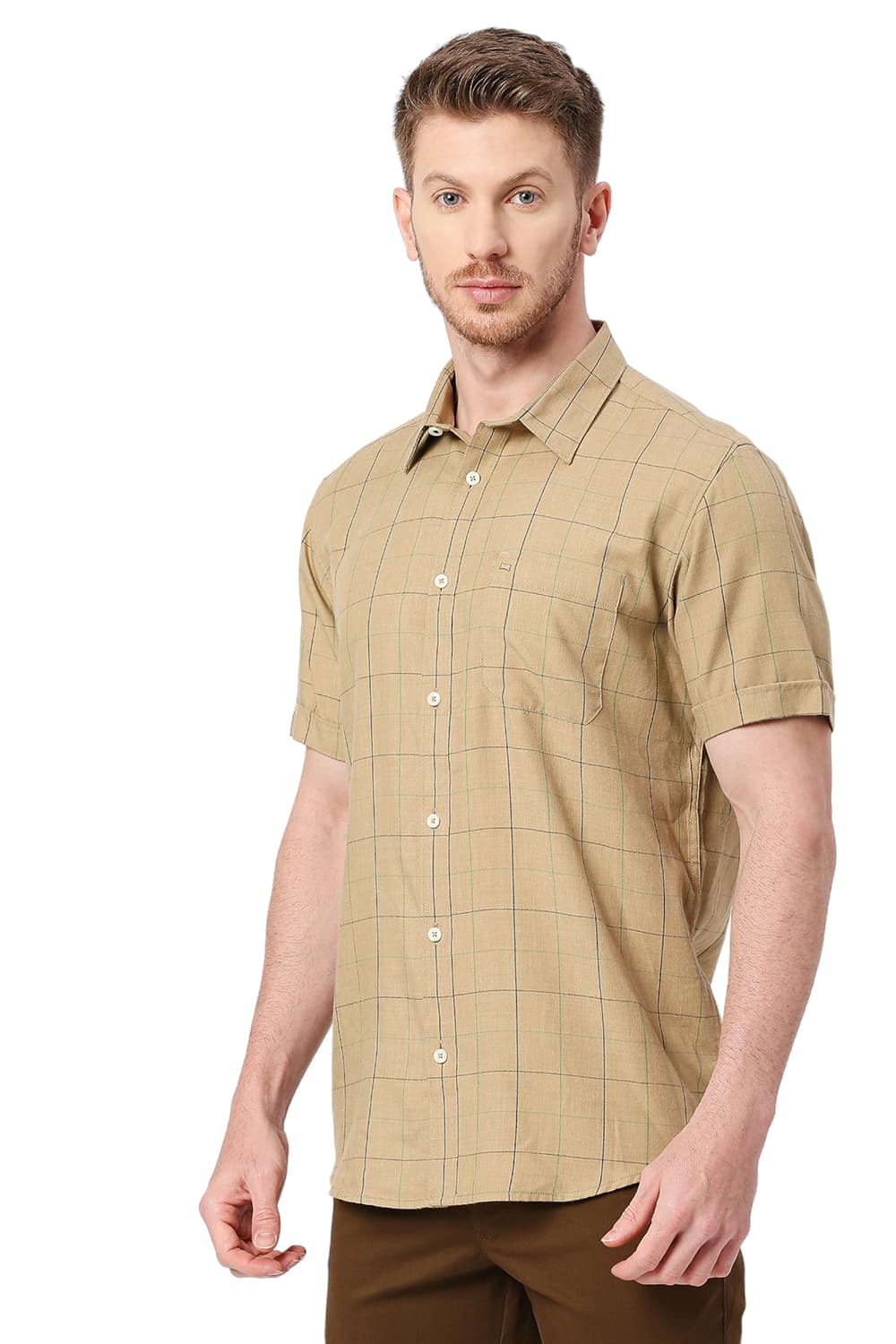 BASICS SLIM FIT POLYESTER VISCOSE MELANGE CHECKS HALFSLEEVES SHIRT