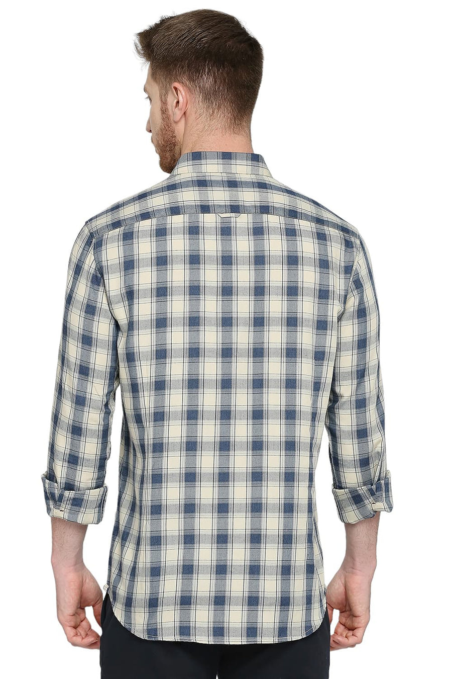 BASICS SLIM FIT FOG ECRU POLYESTER VISCOSE MELANGE CHECKS SHIRT