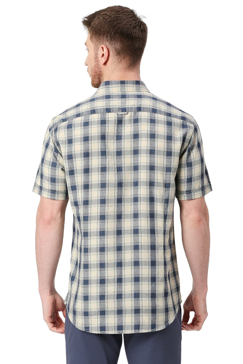 BASICS SLIM FIT POLYESTER VISCOSE CHECKS HALFSLEEVES SHIRT