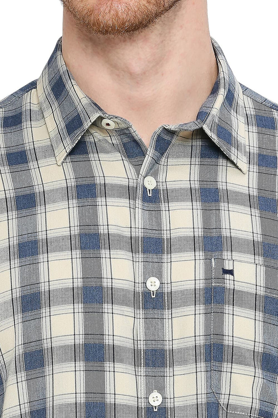 BASICS SLIM FIT FOG ECRU POLYESTER VISCOSE MELANGE CHECKS SHIRT