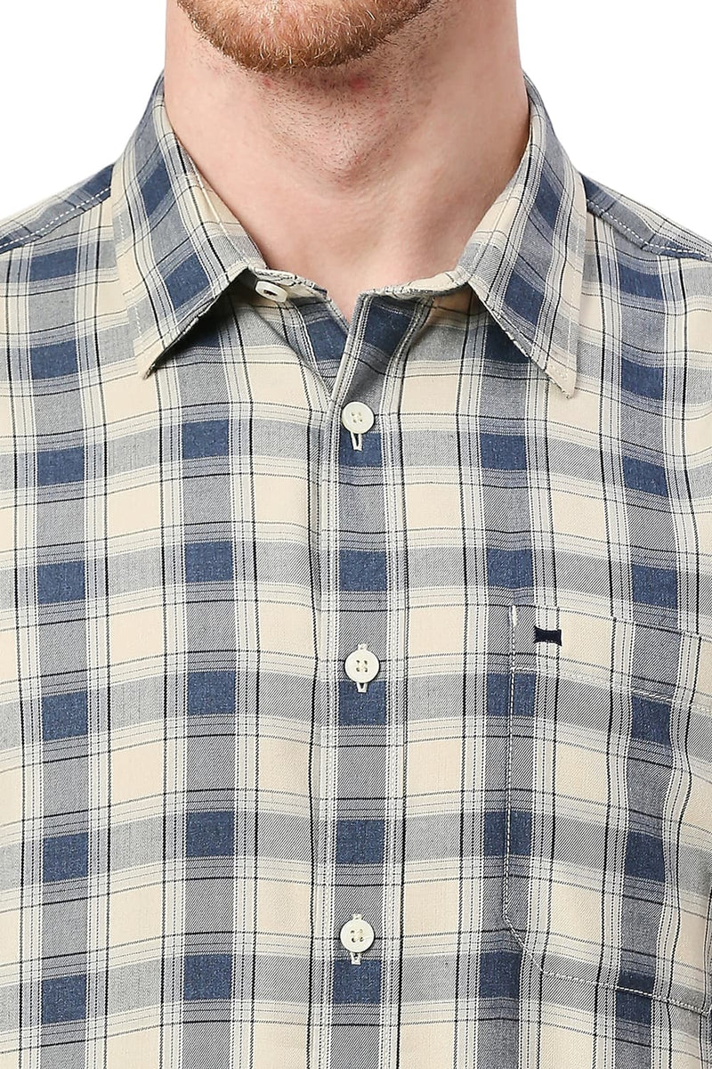 BASICS SLIM FIT POLYESTER VISCOSE CHECKS HALFSLEEVES SHIRT