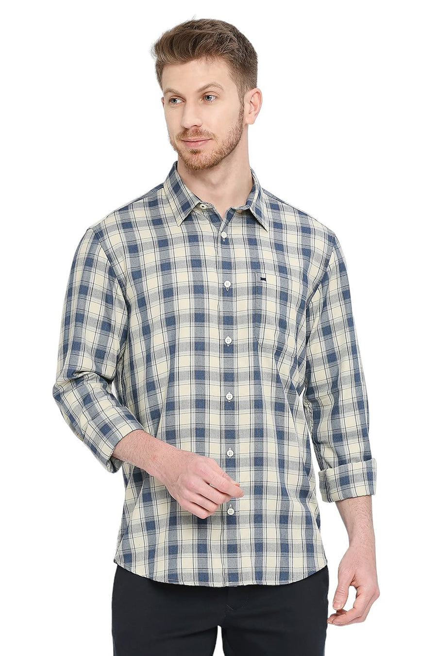 BASICS SLIM FIT FOG ECRU POLYESTER VISCOSE MELANGE CHECKS SHIRT