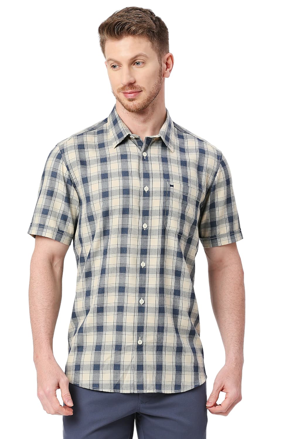 BASICS SLIM FIT POLYESTER VISCOSE CHECKS SHIRT