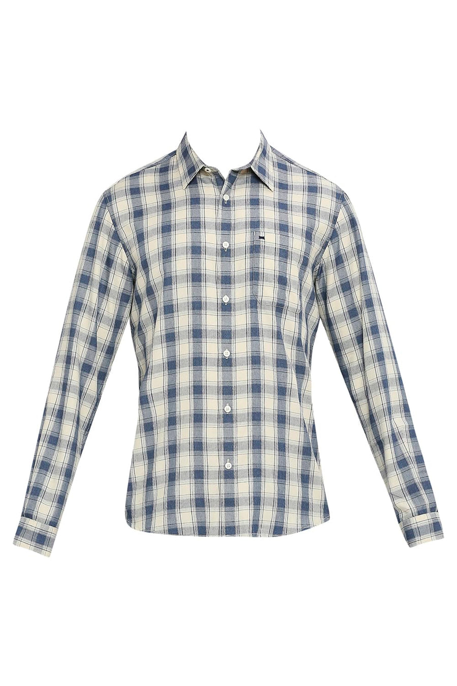 BASICS SLIM FIT FOG ECRU POLYESTER VISCOSE MELANGE CHECKS SHIRT
