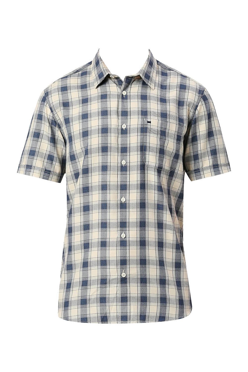 BASICS SLIM FIT POLYESTER VISCOSE CHECKS HALFSLEEVES SHIRT