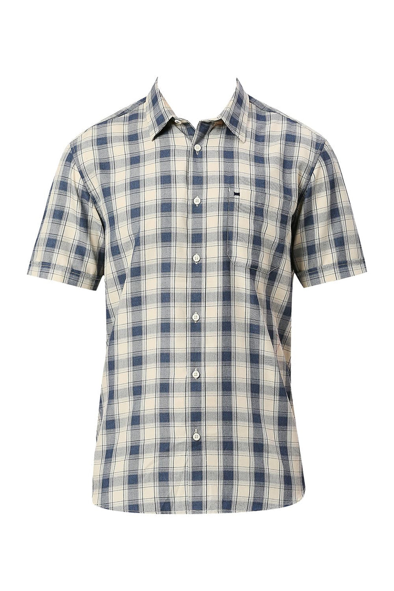 BASICS SLIM FIT POLYESTER VISCOSE CHECKS HALFSLEEVES SHIRT