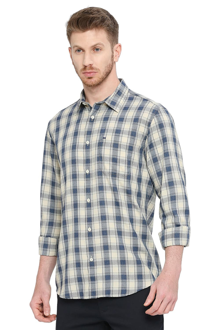BASICS SLIM FIT FOG ECRU POLYESTER VISCOSE MELANGE CHECKS SHIRT