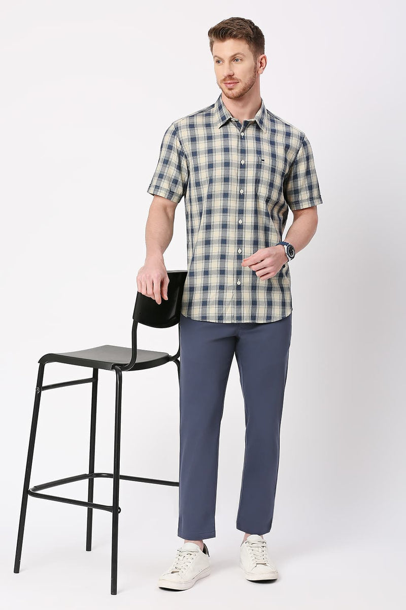 Slim Fit Polyester Viscose Checks Halfsleeves Shirt