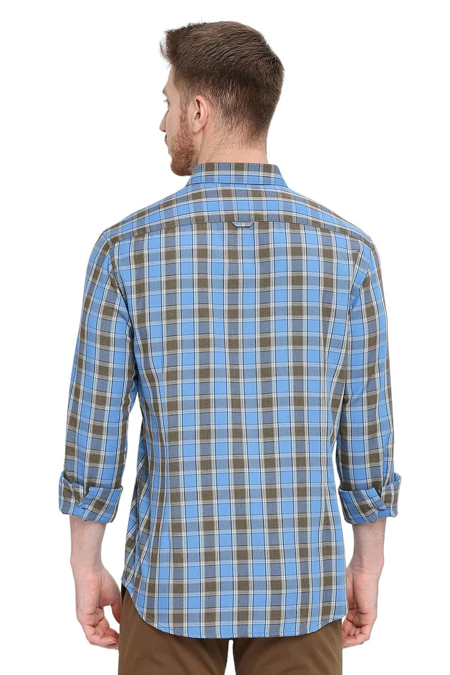 BASICS SLIM FIT COBALT BLUE POLYESTER VISCOSE MELANGE CHECKS SHIRT